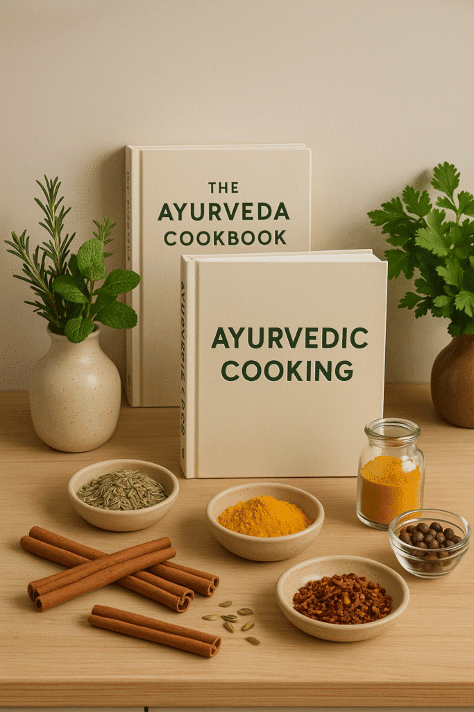 A calm kitchen scene with Ayurvedic cookbooks, herbs, and spices