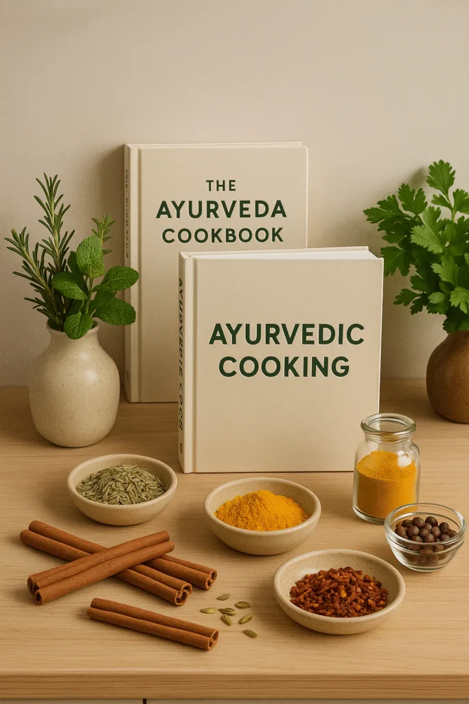 A calm kitchen scene with Ayurvedic cookbooks, herbs, and spices