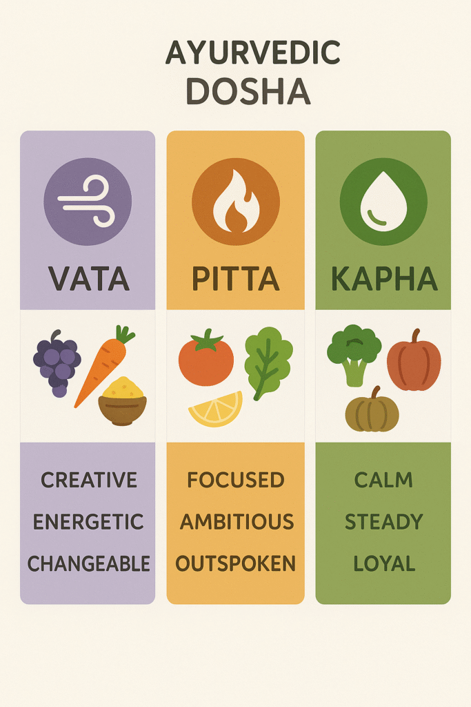 Dosha infographic with colors, foods, and brief traits for each.