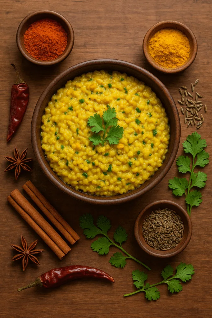 Kitchari bowl styled with spices and herbs on a natural wood background